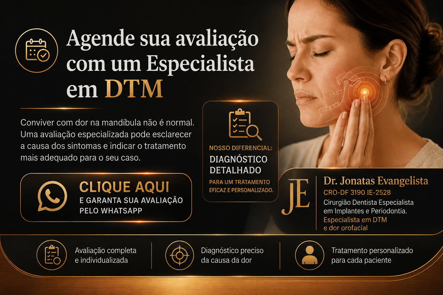 Especialista em DTM e Dor Orofacial realizando avaliação clínica em paciente com dor na mandíbula.